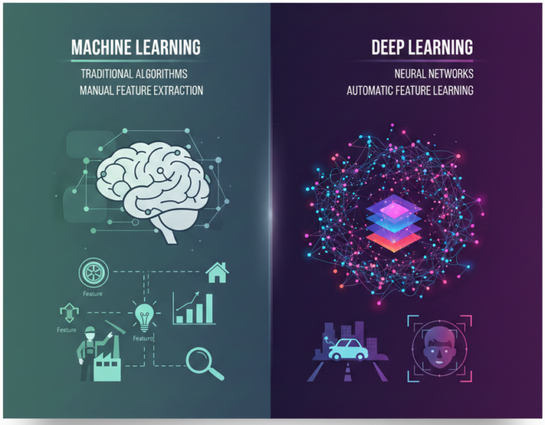 الفرق بين التعلم الآلي (Machine Learning) والتعلم العميق (Deep Learning): دليل شامل ومبسط